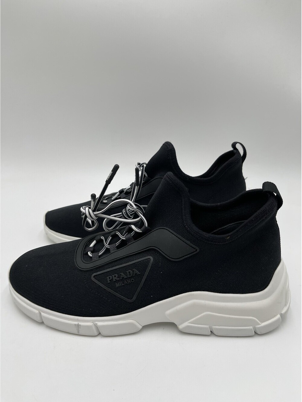Women’s Prada Knit Lace Up Black Trainer Sneakers Shoes Black White Size 38.5 - Picture 3 of 6